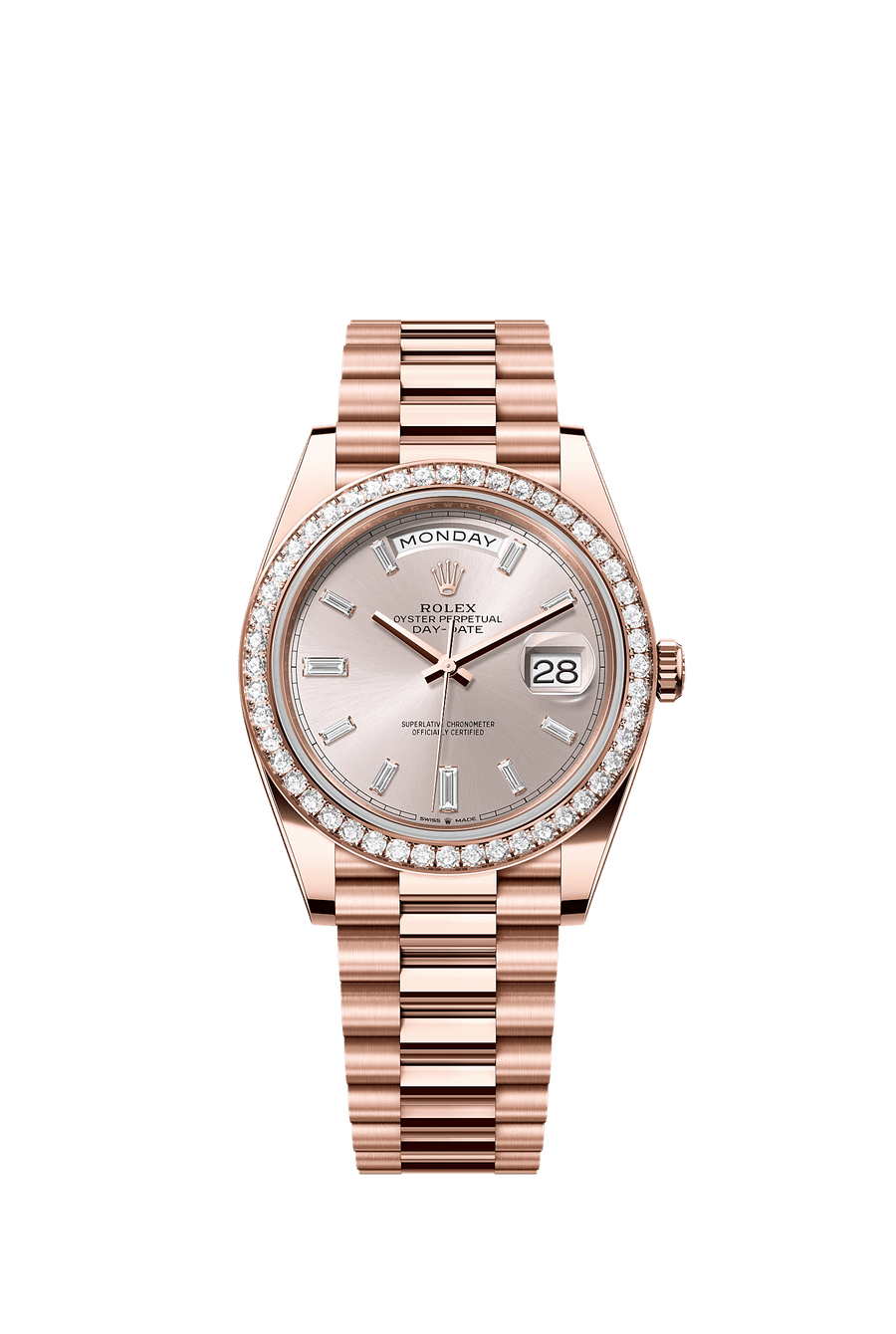 Rolex Day-Date 40 Everose Gold Diamond Bezel Sundust Baguette-Cut Diamond Dial President Bracelet 228345RBR