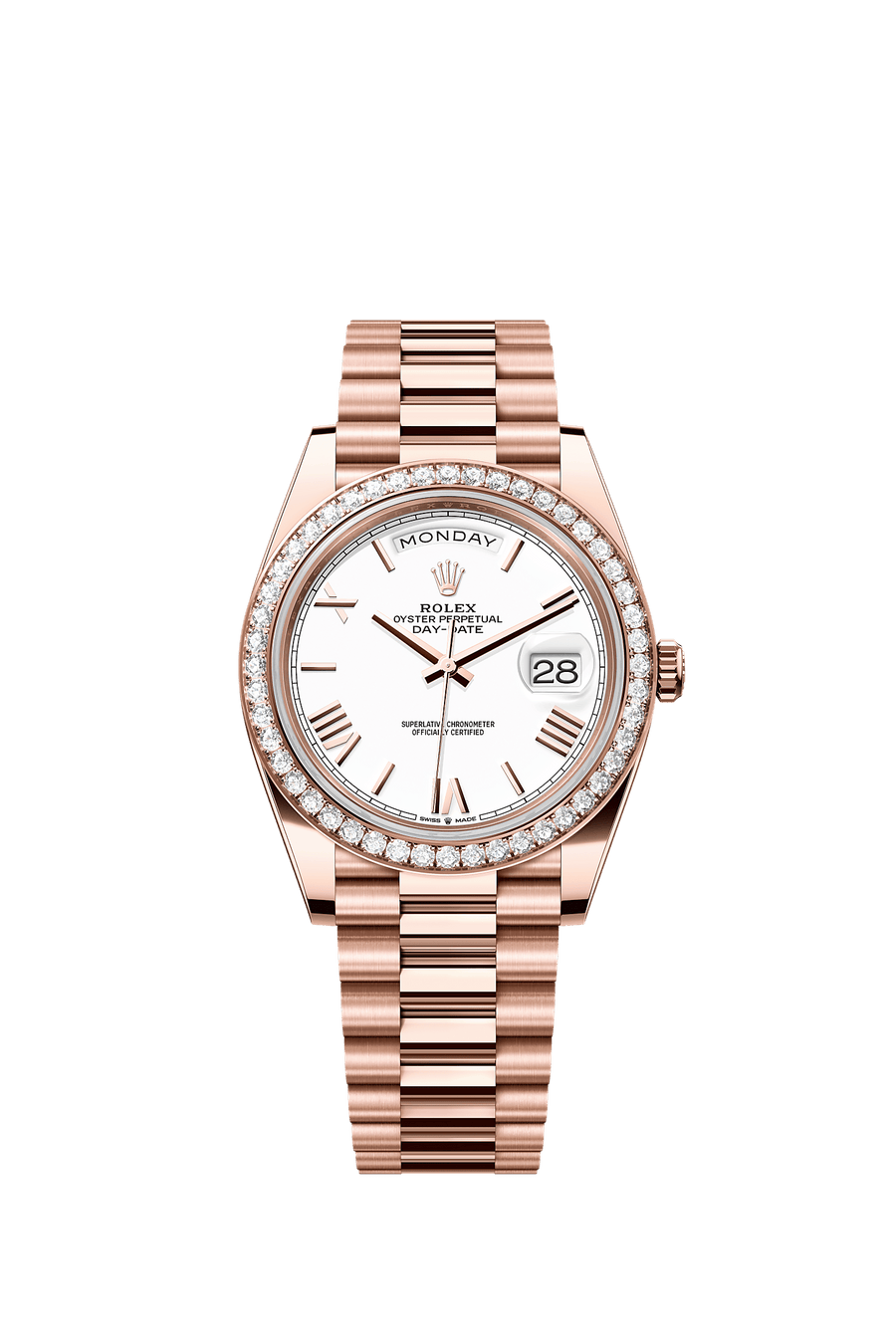 Rolex Day-Date 40 Everose Gold Diamond Bezel White Bevelled Roman Dial President Bracelet 228345RBR