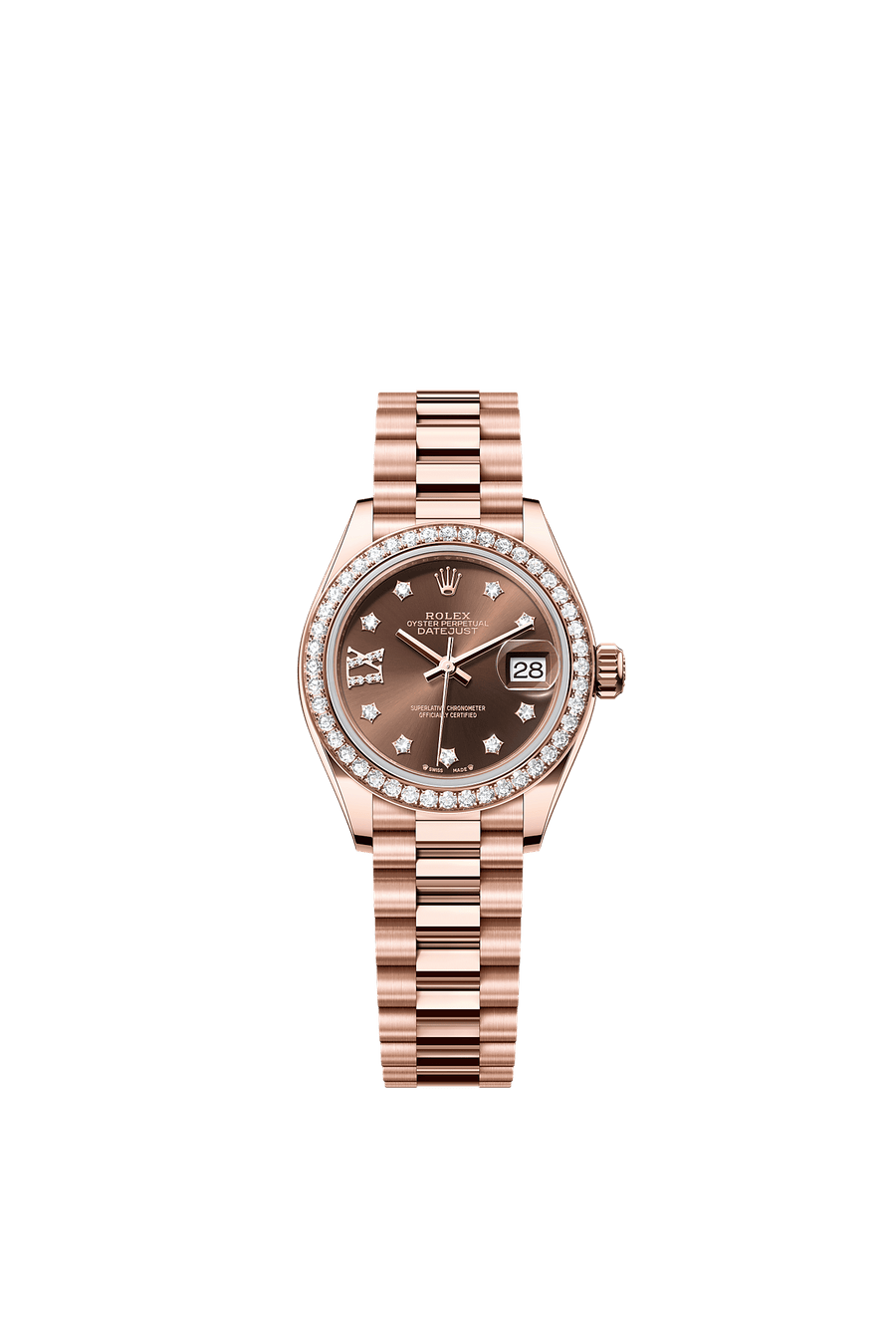 Rolex Lady-Datejust 28 279135RBR Everose Gold Chocolate Diamond Star Dial President Bracelet