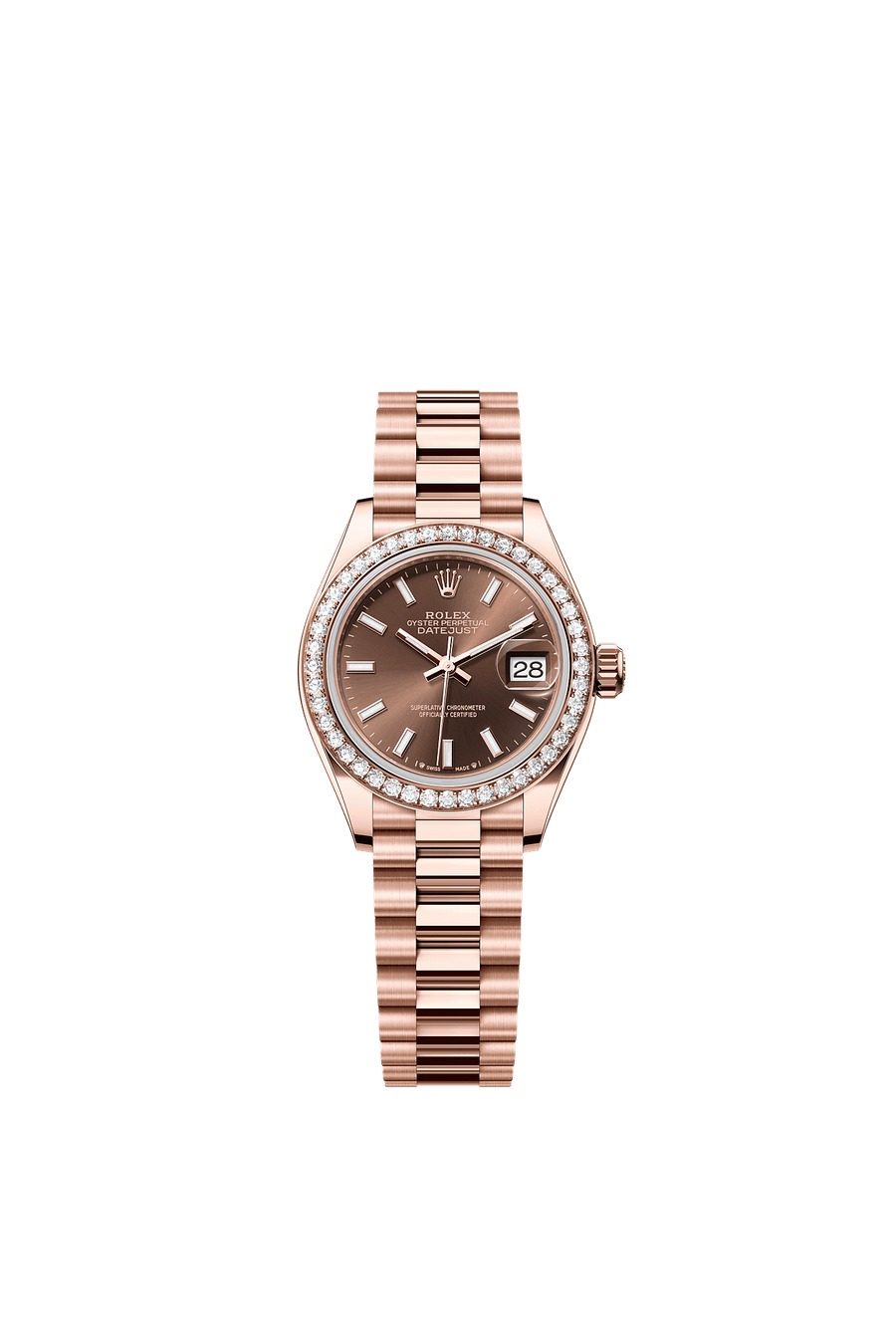 Rolex Lady-Datejust 28 279135RBR Everose Gold Chocolate Index Dial President Bracelet