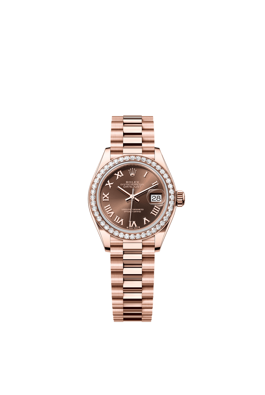 Rolex Lady-Datejust 28 279135RBR Everose Gold Chocolate Roman Dial President Bracelet