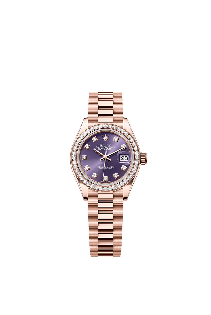 Rolex Lady-Datejust 28 279135RBR Everose Gold Aubergine Diamond Dial President Bracelet