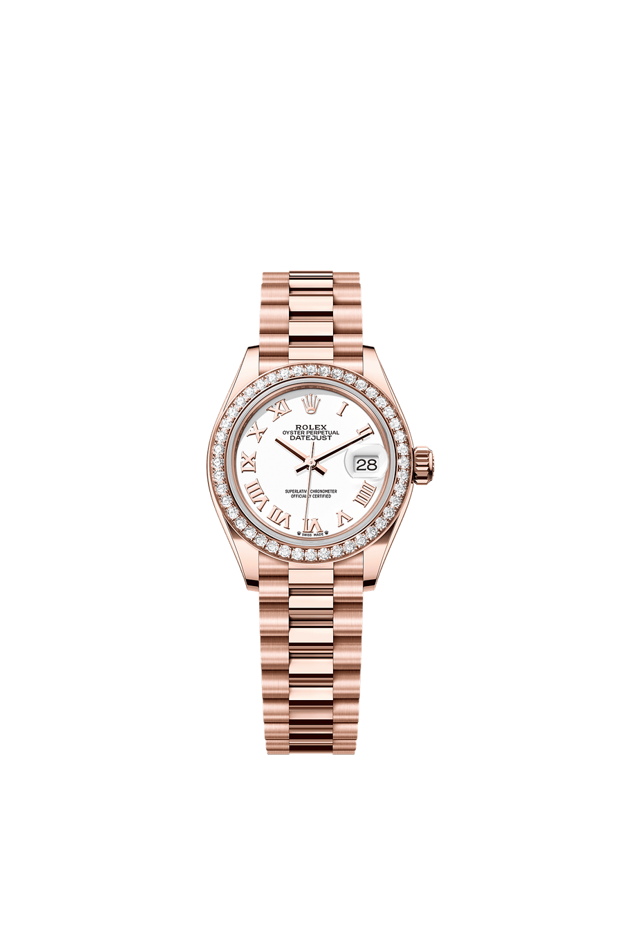 Rolex Lady-Datejust 28 279135RBR Everose Gold White Roman Dial President Bracelet
