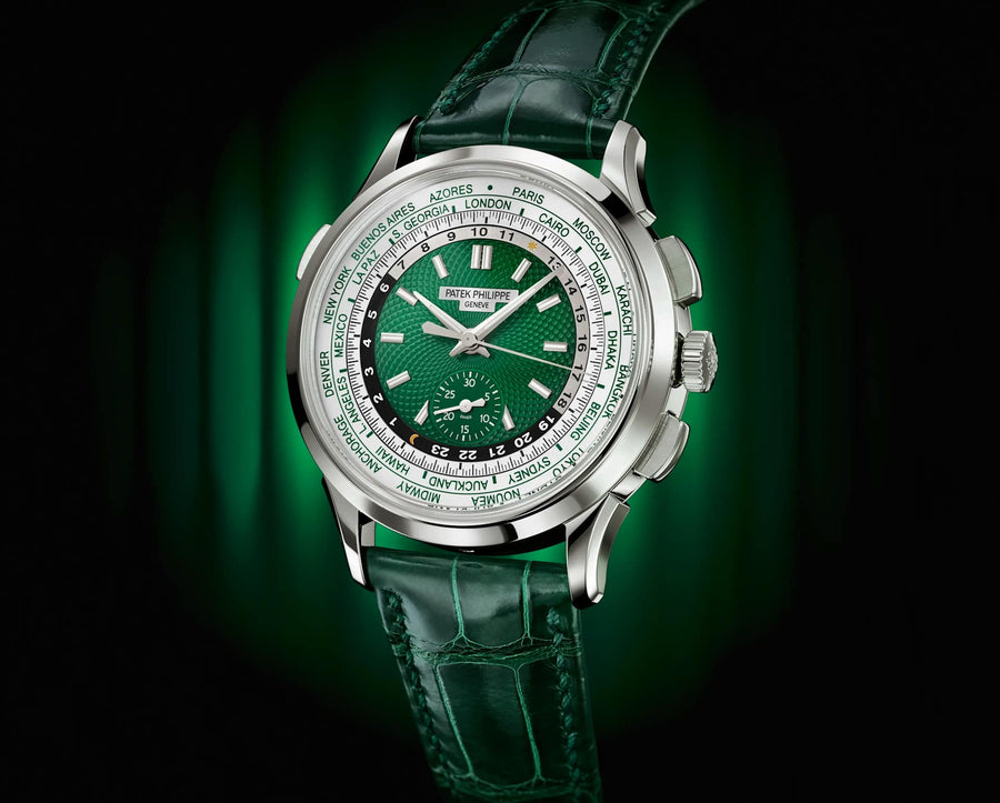 Patek Philippe Complications World Time 39.5 mm Flyback Chronograph Platinum Green Dial - 5930P-001