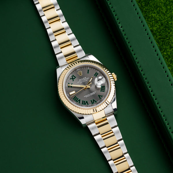 Front view of a Rolex Datejust II 116333, featuring a stainless steel and yellow gold case, 41mm size, with a classic silver dial and gold hour markers.